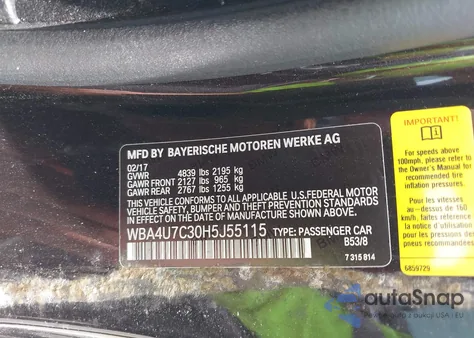 2017 BMW 430I from USA, damaged, VIN WBA4U7C30H5J55115